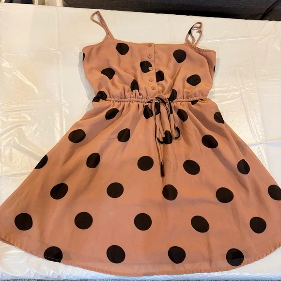 Forever 21 Polka Dot Mini Dress Tie Waist Blush Black Size Small - Picture 6 of 8